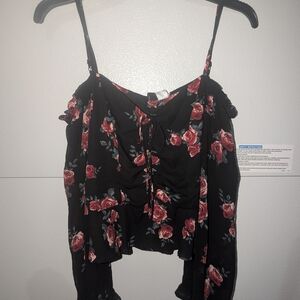 Divided Black and Red Floral Blouse